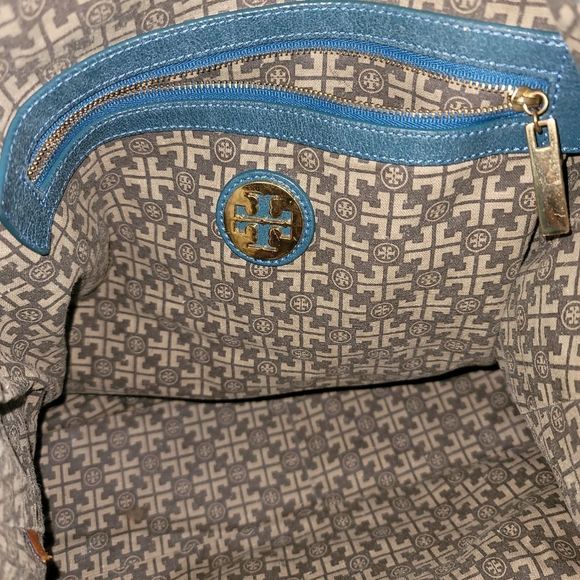Tory Burch Vintage Green Shimmer Leather Blue Beaded Hobo Shoulder tote bag - Picture 11 of 16